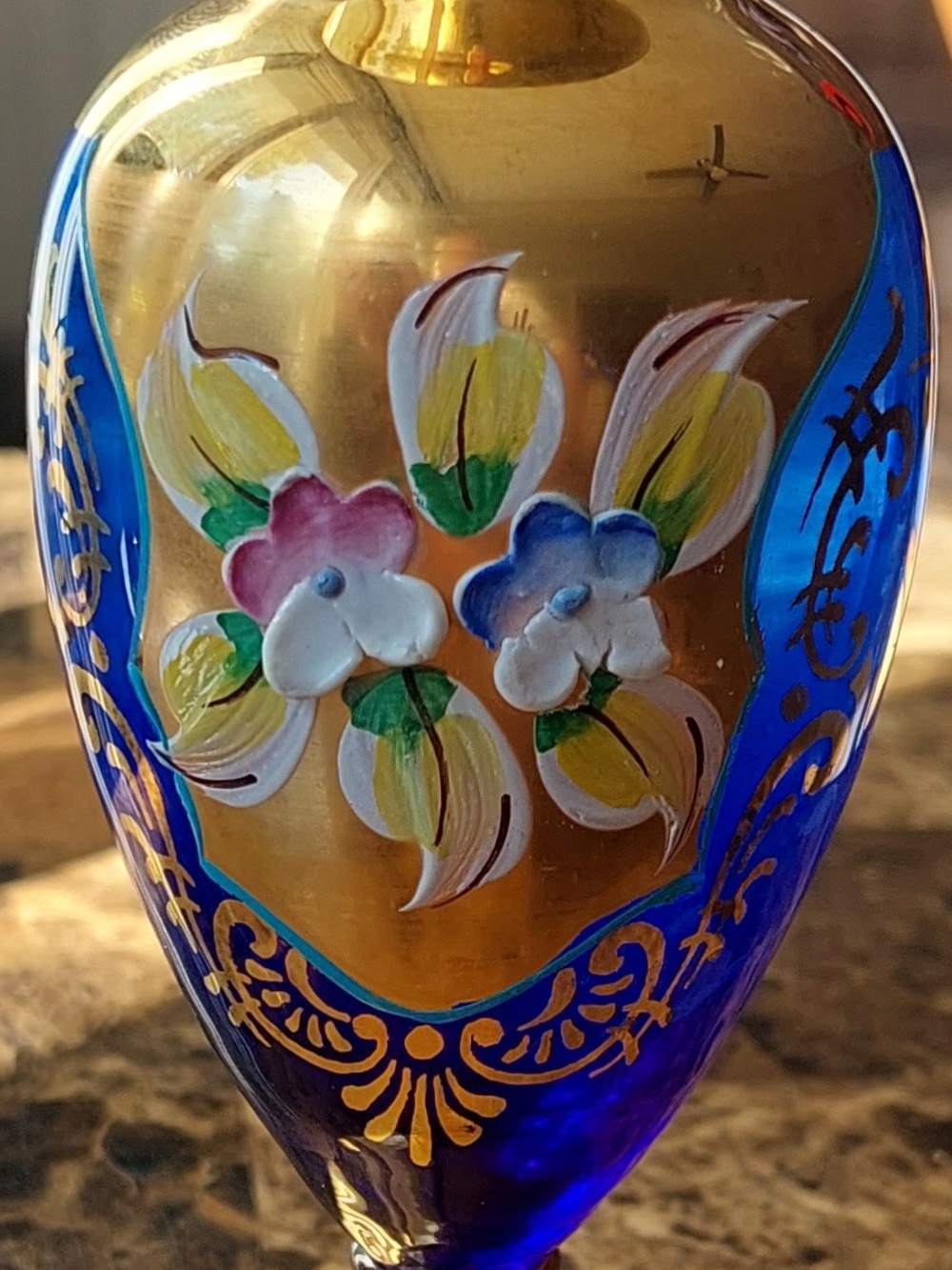 Bohemian glass 6" vase cobalt & gold Hand Painted Enameled Floral Pattern 5.5"